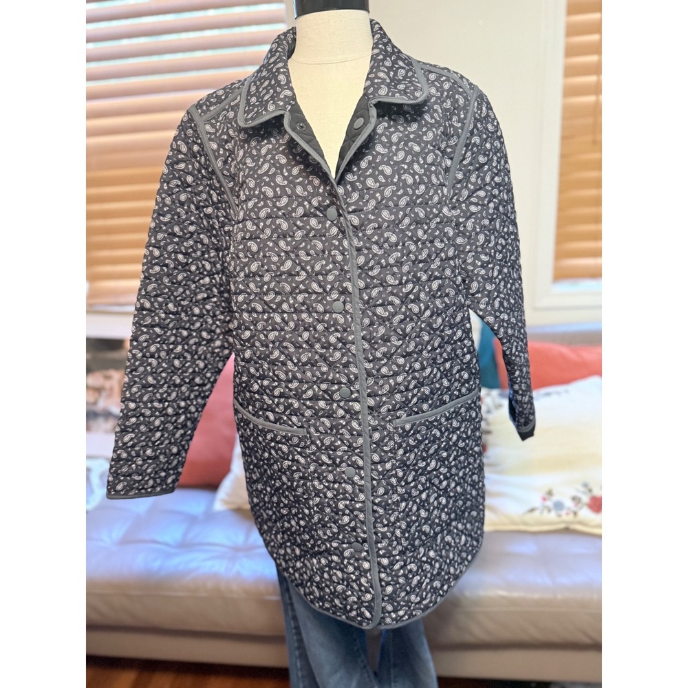 Lands End Reversible Quilted Barn Jacket Black Paisley Print Petite Large 14-16